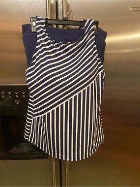Lands' End Navy & White Striped Scoop Neck swimsuit